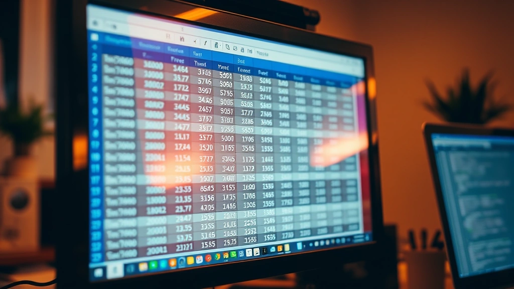 Spreadsheet on computer monitor showing frequency table with data organized in columns and rows, warm office lighting reflecting off screen