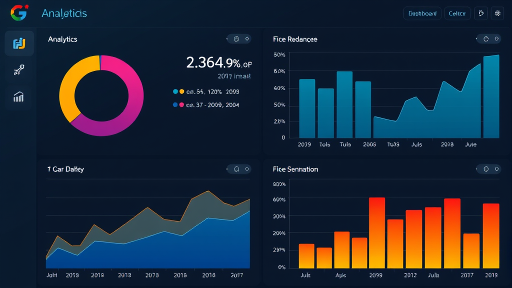 Analytics dashboard with colorful charts and graphs displaying data ranges, no text no words no letters