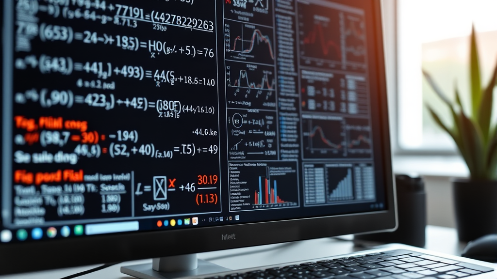 Mathematical formulas and statistical calculations on a modern computer screen, no text no words no letters