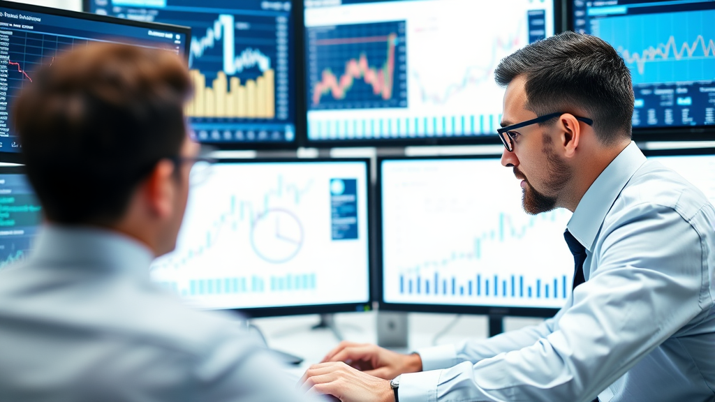 Business professional analyzing data trends on multiple monitors with statistical visualizations, no text no words no letters