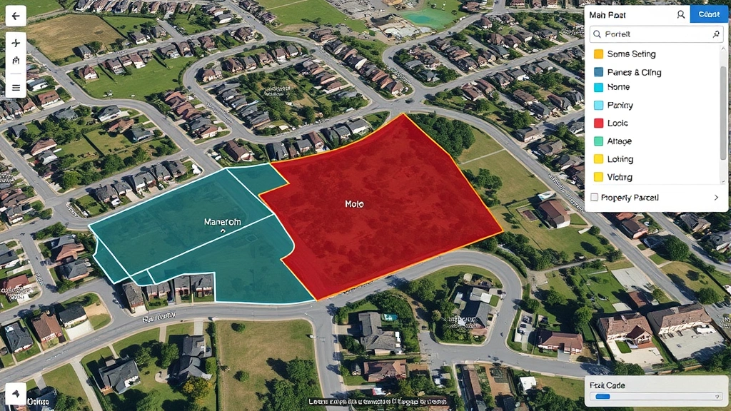 Photorealistic image of a GIS mapping interface showing property parcels with different colors, aerial photograph background of suburban neighborhood with clear property boundaries