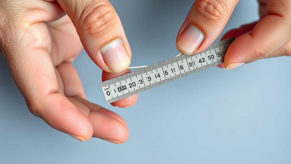 Close up hands measuring finger circumference with string and ruler showing precise measurement technique, no text no words no letters