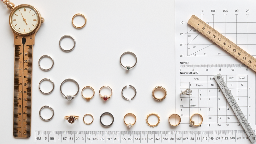 Collection of beautiful rings in different sizes arranged with measuring tools and size charts on clean background, no text no words no letters