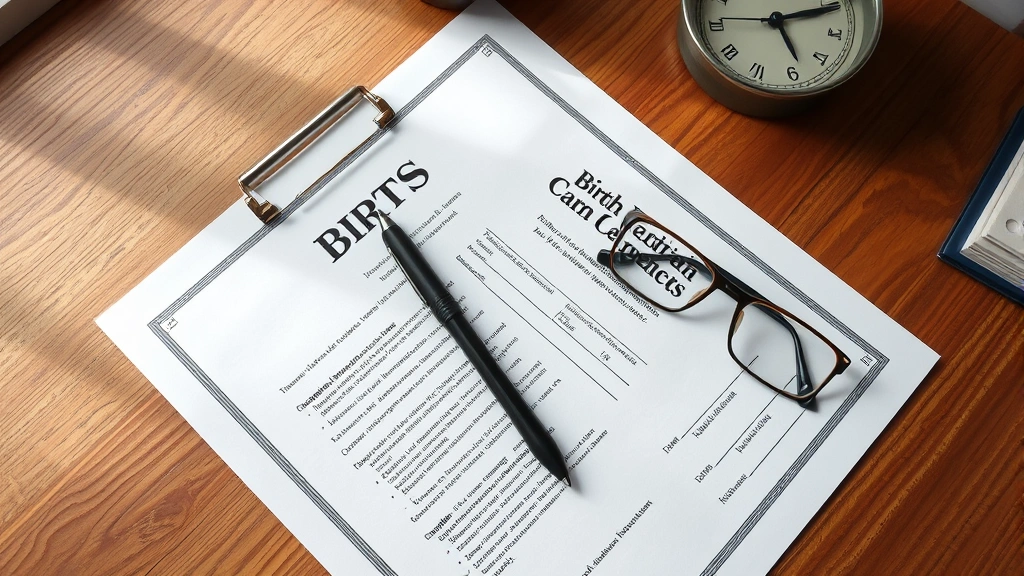 Overhead view of an open birth certificate document with a pen and reading glasses on a wooden desk, soft natural lighting from a window