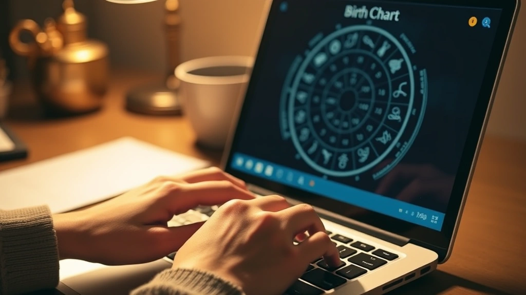 Close-up of hands typing on a laptop keyboard showing an astrology birth chart calculator on the screen, warm desk lighting