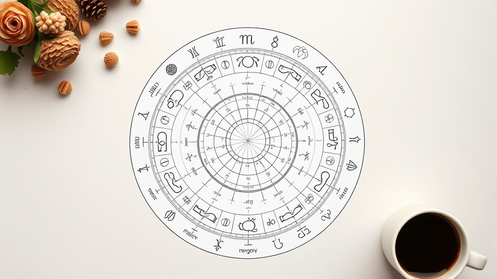 A printed birth chart wheel showing zodiac signs and planetary positions laid flat on a light background with a coffee cup nearby