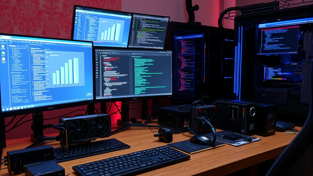 A developer's desk with multiple GPU cards, cooling systems, and computer monitors displaying code and machine learning dashboards, photorealistic lighting