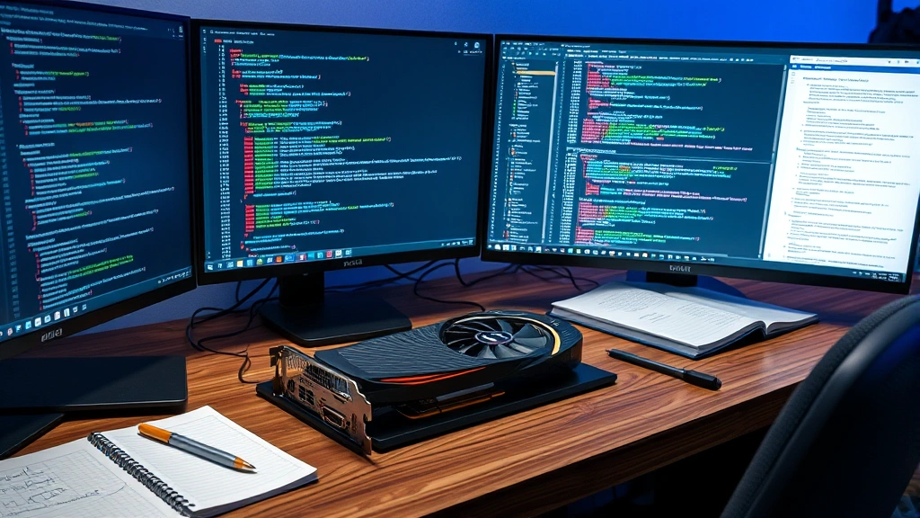 A modern computer workstation with a powerful GPU card visible, displaying Python code on multiple monitors, surrounded by notebooks and technical documentation, photorealistic professional setting