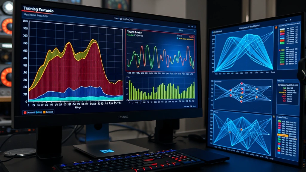 Colorful data visualization showing training curves, loss metrics, and neural network architecture diagrams on a modern computer workstation