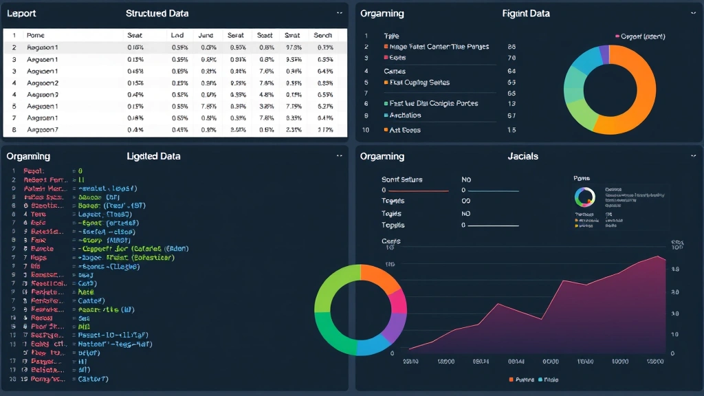 Organized datasets displayed as colorful structured data tables and JSON files, with charts showing data distribution and balance across categories, clean minimalist design