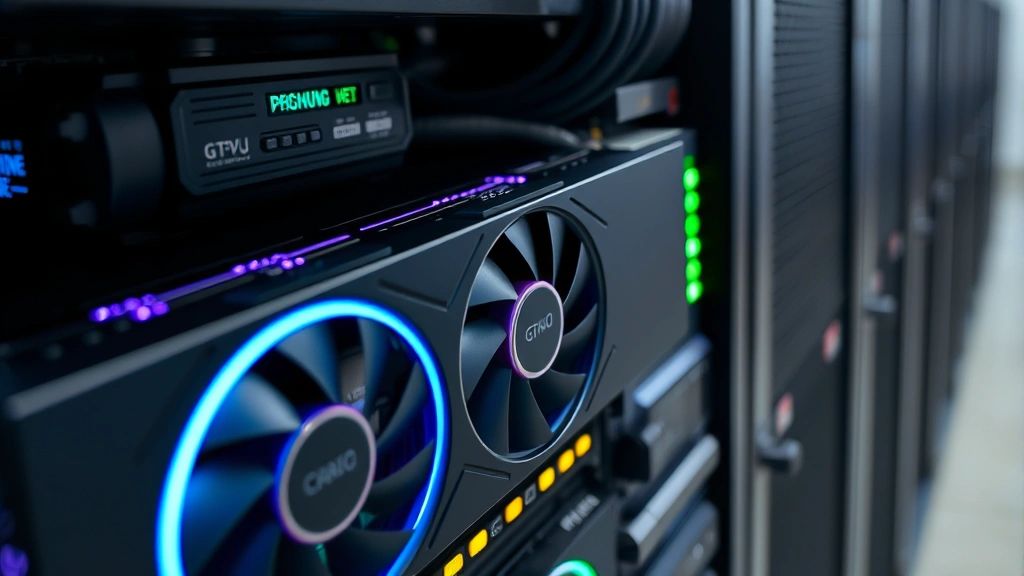 Close-up of GPU computing hardware with LED indicators, cooling fans, and circuit boards in a professional server environment, highly detailed