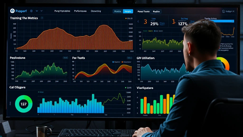 A developer monitoring training metrics on a dashboard with loss curves declining smoothly, GPU utilization graphs, and performance indicators updating in real-time, professional tech environment
