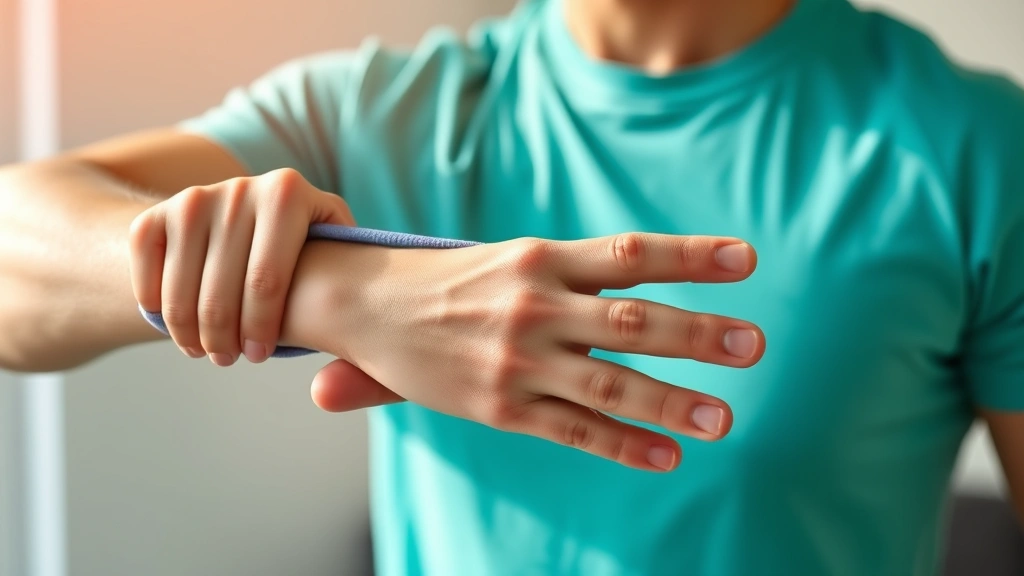 Person doing hand strengthening exercises with resistance band around fingers, demonstrating proper form and posture, bright natural light