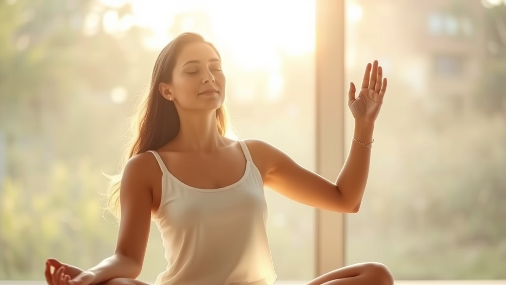 Peaceful woman meditating in soft natural lighting, expressing self-confidence and wellness, no text no words no letters