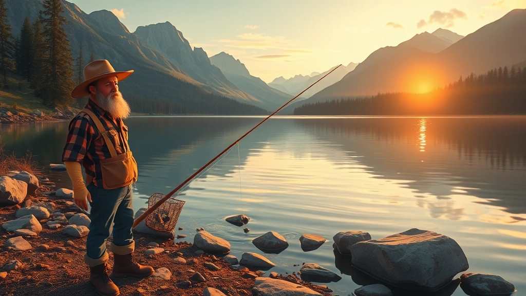 A farmer character standing at a peaceful mountain lake at sunset, holding a fishing rod with bobber visible in calm water, surrounded by pine trees and rocks
