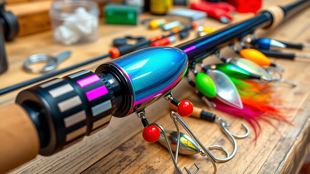 Close-up of an iridium fishing rod with colorful tackle attachments displayed on a wooden workbench with fishing supplies scattered around