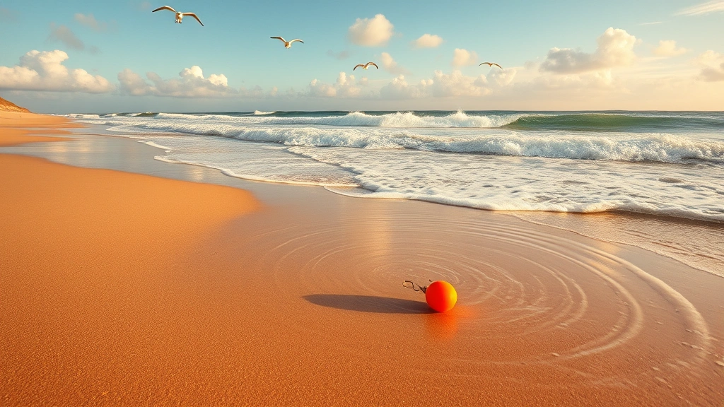 A vibrant beach scene during summer with golden sand, ocean waves, and a fishing bobber creating ripples in the water with seagulls flying overhead