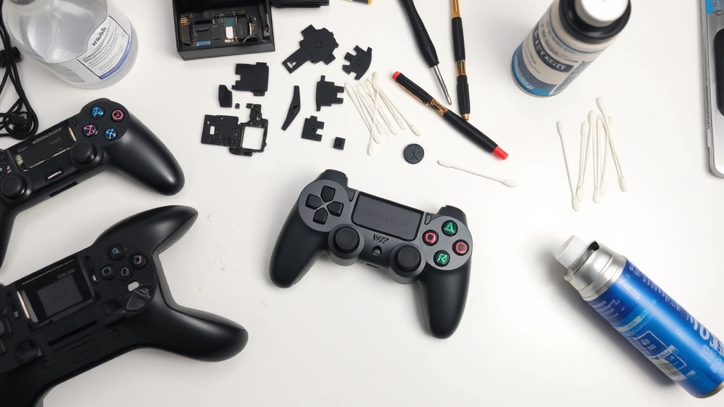 Organized workspace with disassembled gaming controller parts, screwdrivers, isopropyl alcohol, cotton swabs, and compressed air canister on clean surface