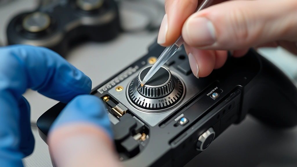 Person carefully cleaning potentiometer contacts inside open gaming controller with cotton swab dipped in isopropyl alcohol, precision repair work in progress