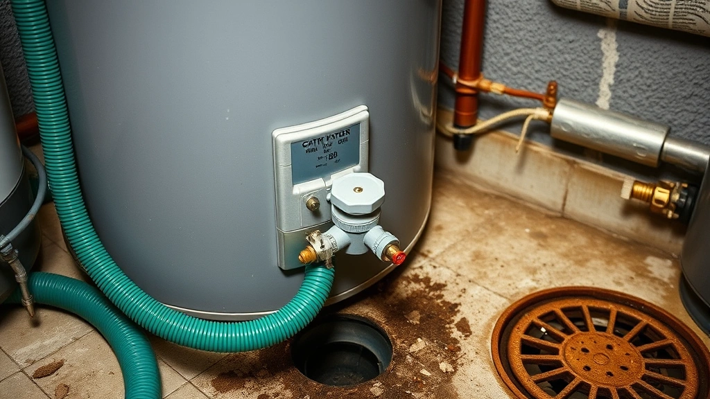 Close-up view of a residential water heater tank showing the drain valve at the bottom with a garden hose attached, positioned near a basement floor drain