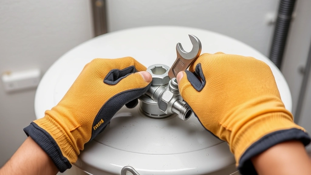 Hands wearing work gloves opening the cold water inlet valve at the top of a water heater tank, with a wrench visible nearby