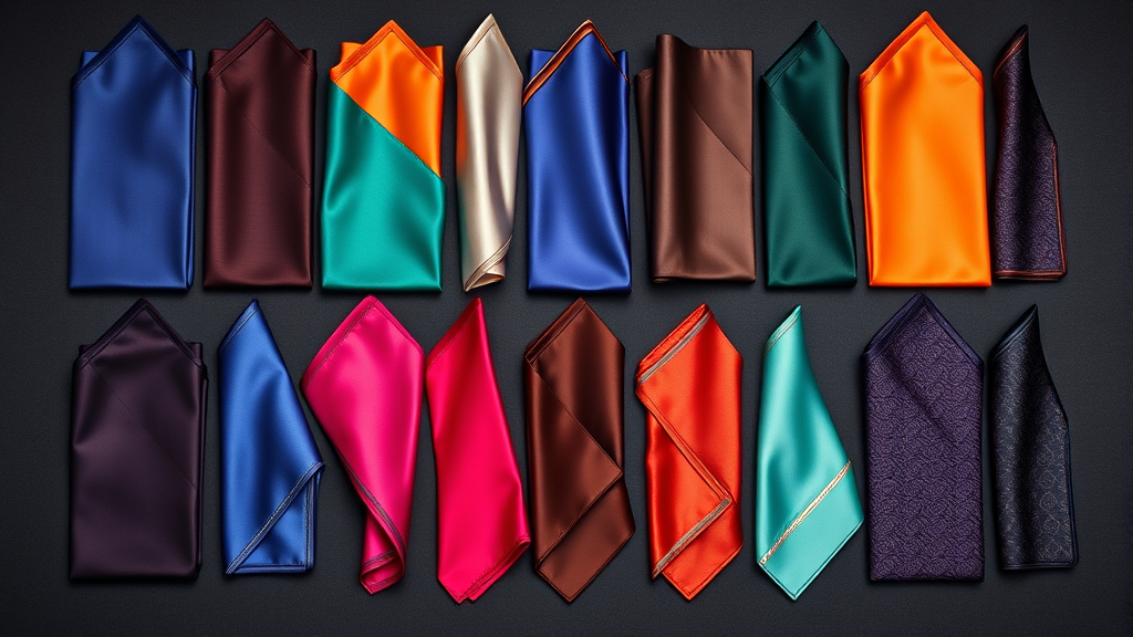 Various colorful silk pocket squares laid flat showing different folding techniques and patterns, luxury menswear accessories display, no text no words no letters