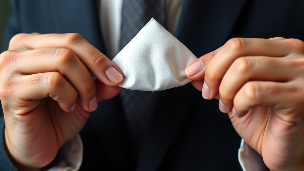 Close up hands demonstrating precise pocket square folding technique, crisp white fabric being shaped into perfect points, no text no words no letters