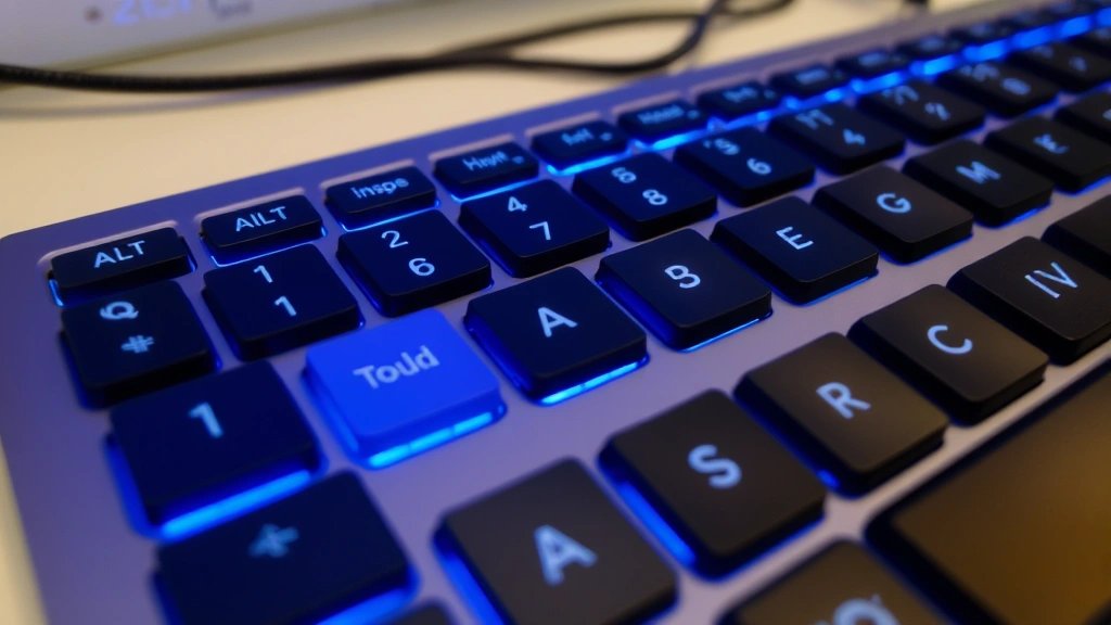 Close-up overhead view of computer keyboard showing Alt, Tab, and F4 keys highlighted in blue light, clean workspace background