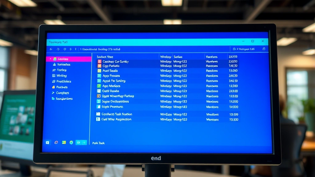 Desktop computer monitor displaying Windows Task Manager window with application list and End Task button visible, professional office setting