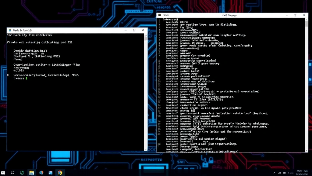 Split-screen showing Windows Command Prompt window on left side with command text visible, system process list on right, technical workspace