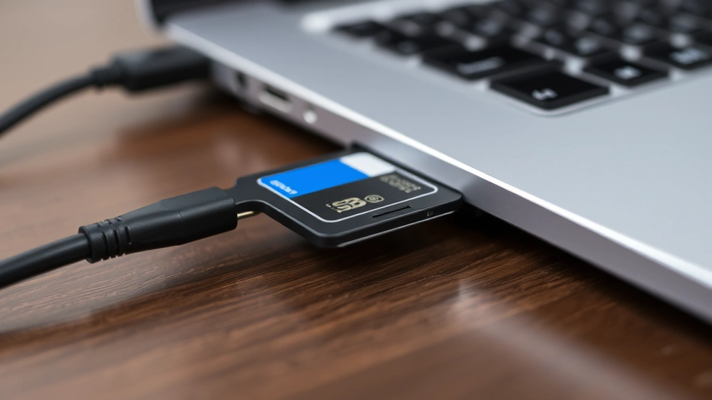 Close-up of an SD card being inserted into a silver card reader connected to a modern laptop, showing the card slot clearly