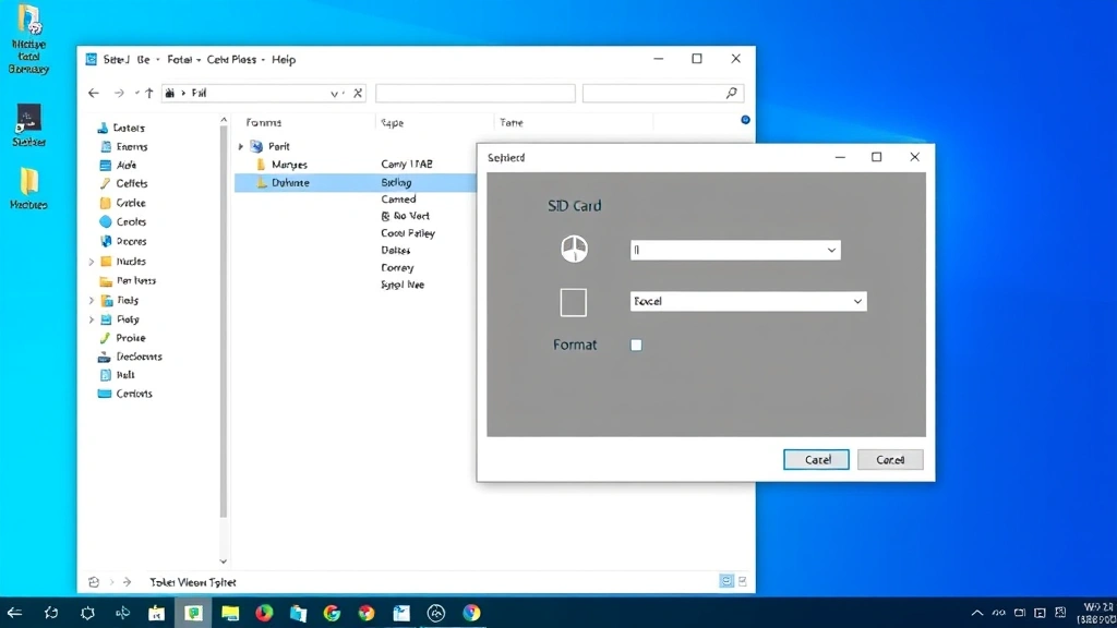 Split-screen showing Windows File Explorer on one side with an SD card selected and format dialog open, clean desktop background