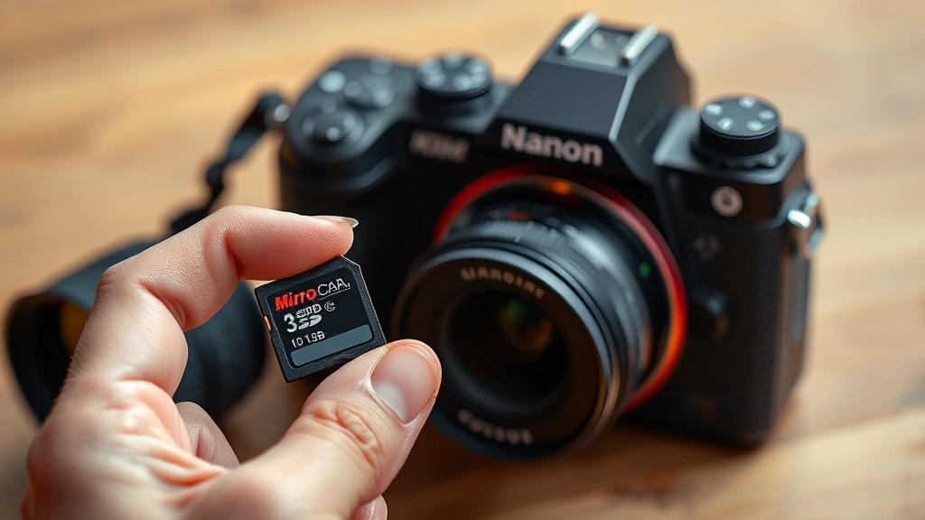 Hands holding a small microSD card next to a digital camera, showing the actual size comparison and practical use scenario