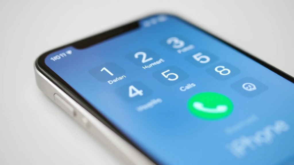 iPhone keypad screen showing numeric dial pad with green call button visible, clean interface with soft lighting and shallow depth of field