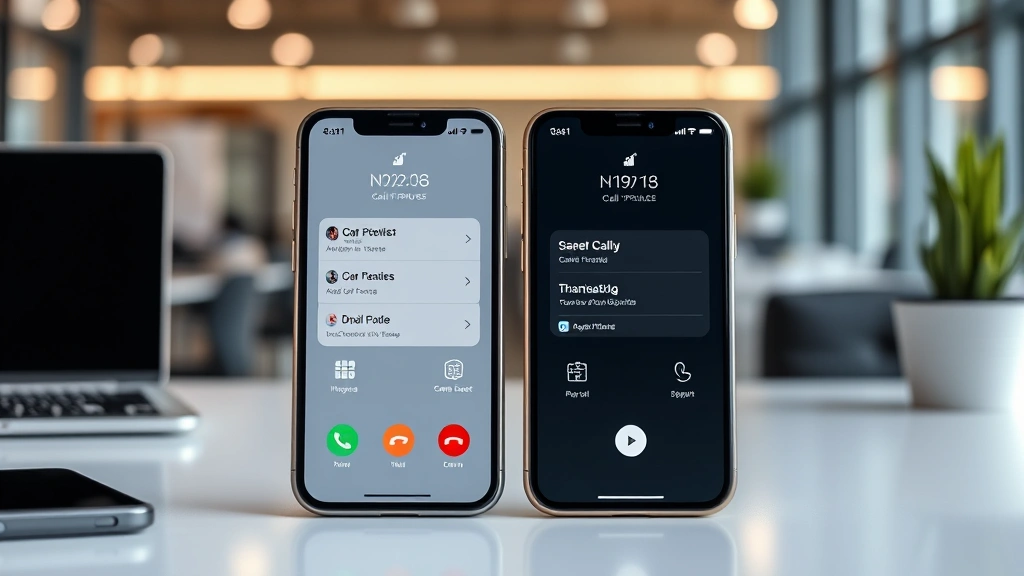 Split-screen view of two iPhones side-by-side displaying call notifications and connection status, professional business setting with modern desk