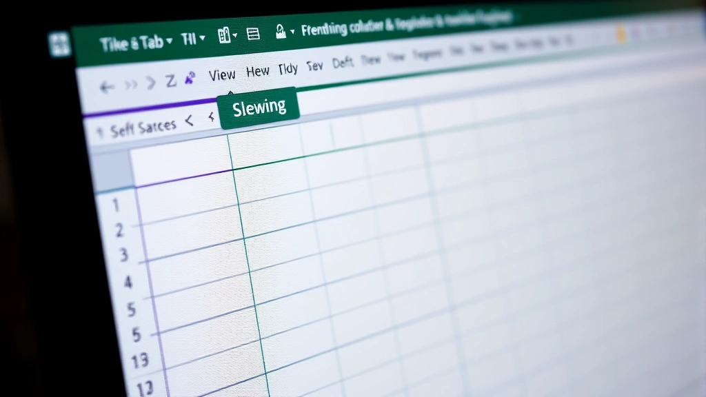 Close-up view of a computer monitor displaying an Excel spreadsheet with visible column headers and data rows, showing the View tab highlighted in the ribbon menu