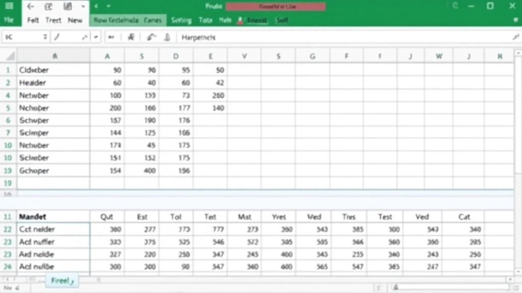 Split screen view of an Excel spreadsheet with a horizontal freeze line visible below row headers, demonstrating frozen panes in action with scrollable data below