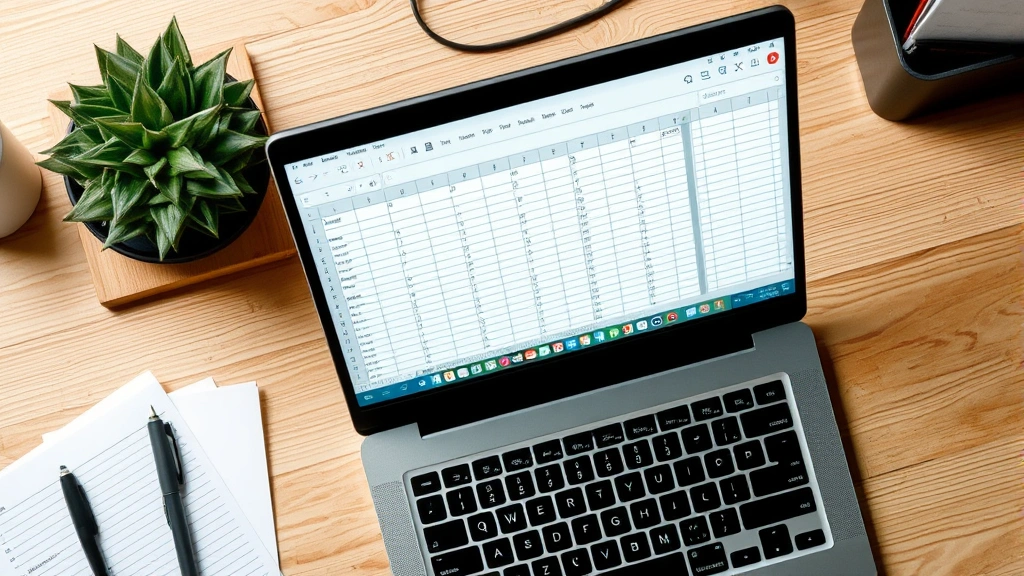 Overhead perspective of a desk workspace with a laptop showing an Excel spreadsheet with both vertical and horizontal freeze lines creating four distinct panes
