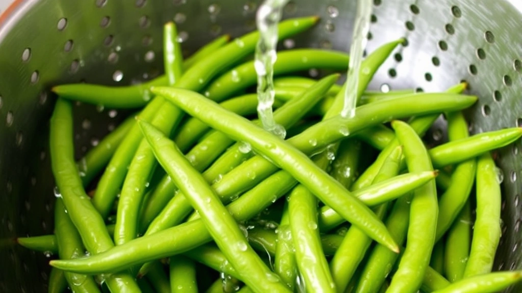 Fresh vibrant green beans in a colander under running water, being rinsed thoroughly before preparation for freezing