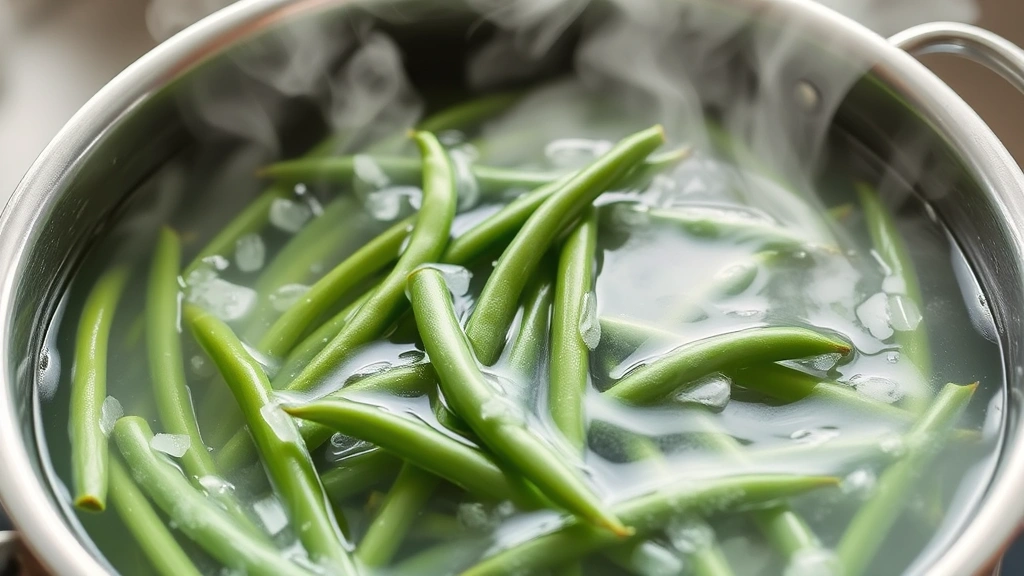 Blanching green beans in a large pot of boiling water with steam rising, showing proper preparation technique for preservation