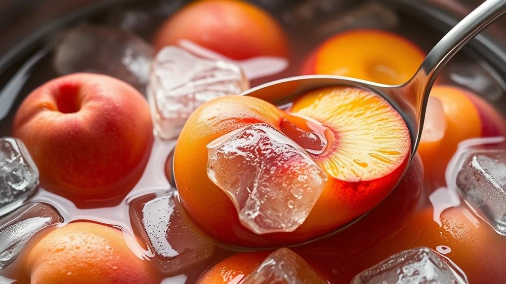 Close-up of peaches being blanched in boiling water with steam rising, using a slotted spoon to transfer fruit to ice bath