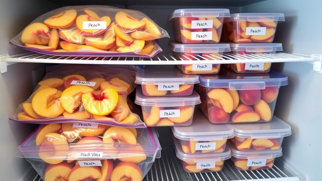 Organized freezer storage showing labeled freezer bags and containers of frozen peach slices and halves stacked neatly on shelves