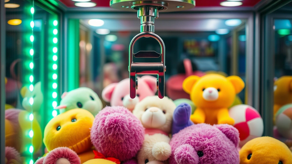 Close-up of a claw machine interior showing colorful plushie toys and the mechanical claw positioned above them, with arcade lighting reflecting off the glass
