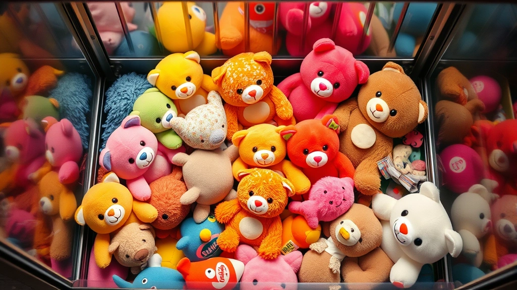 Overhead view of a claw machine game showing various plushie prizes arranged strategically with different positioning levels and angles inside the machine