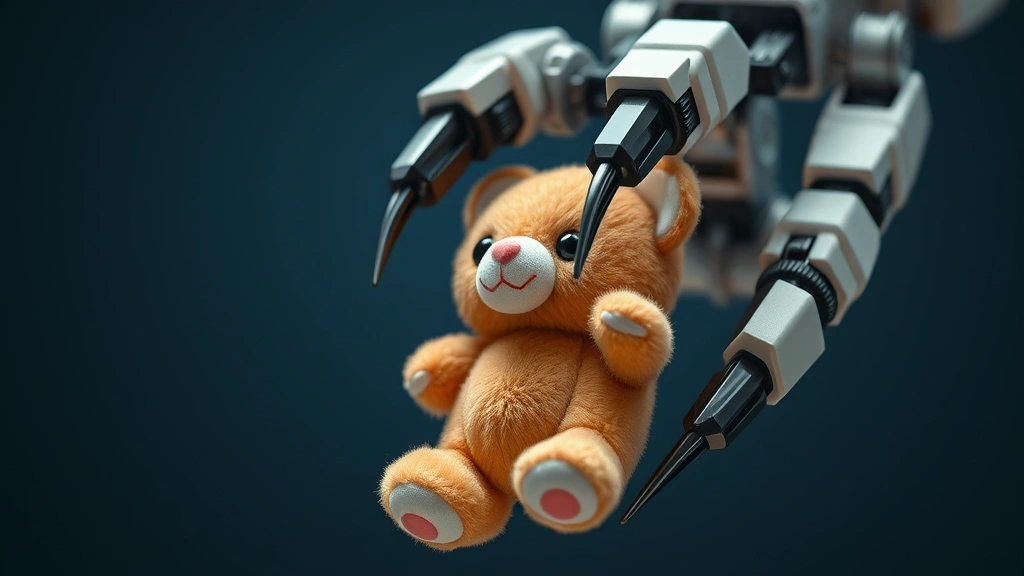 Detailed shot of a mechanical claw gripper at the moment of grabbing a small plushie toy, showing finger positioning and grip mechanics in action
