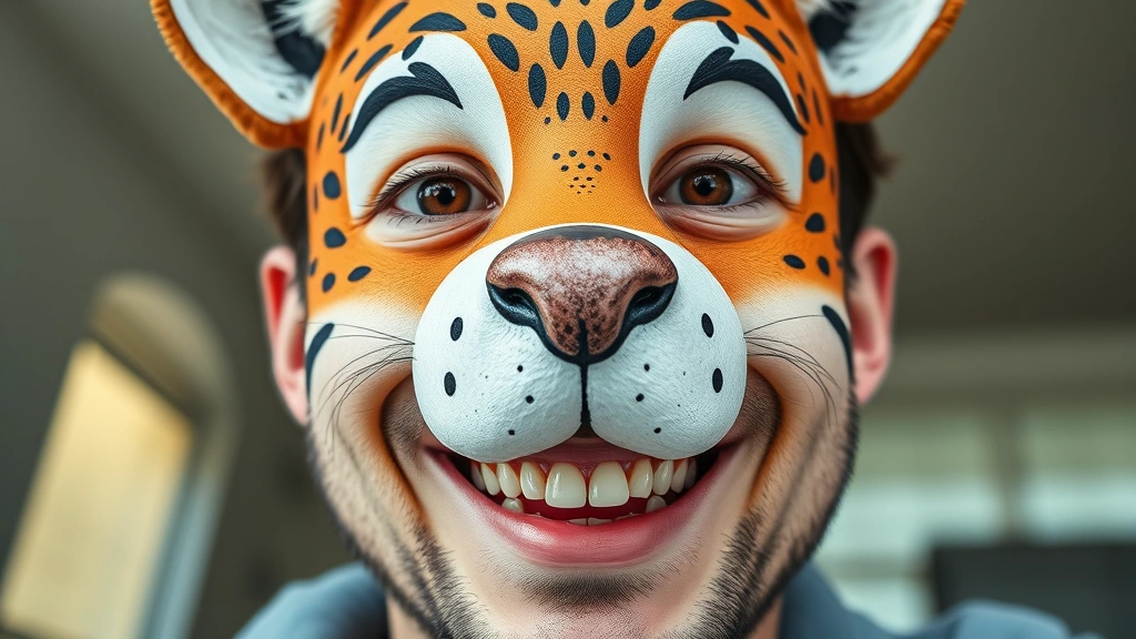 Close-up of person's face on video call with fun animal mask effect applied, natural lighting, genuine smile, responsive facial tracking visible