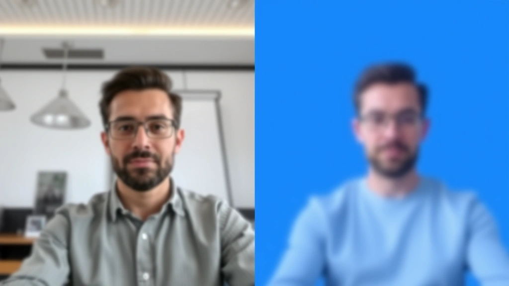 Split-screen comparison showing virtual background effect on video call, person on left side sharp and in focus, blurred background replaced with solid color on right side