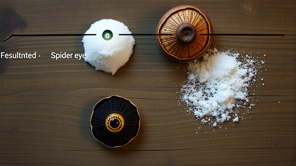 Overhead view of crafting table with spider eye, brown mushroom, and sugar arranged in L-shape pattern, glowing fermented spider eye appearing in result slot