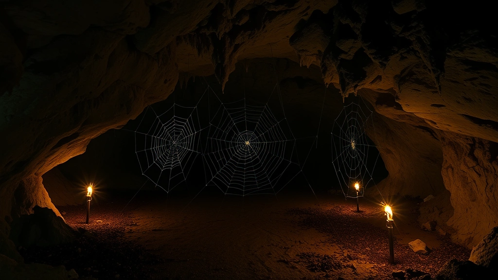 Underground cave system with spider farm setup, webs and spiders visible in dark chamber, torches illuminating perimeter