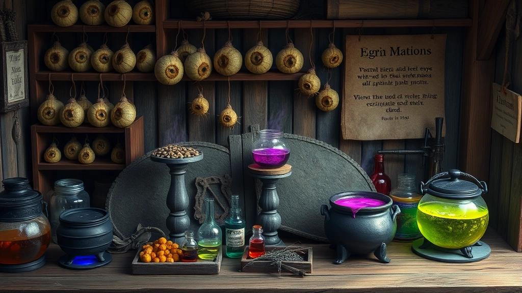 Organized potion brewing station with multiple fermented spider eyes in inventory, brewing stands active, colorful potions in cauldrons